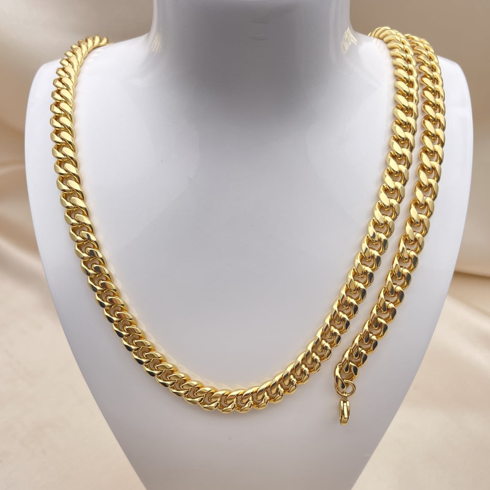 Stainless Steel Necklace and Bracelet, Miami Cuban Design, Polished, Golden Finish