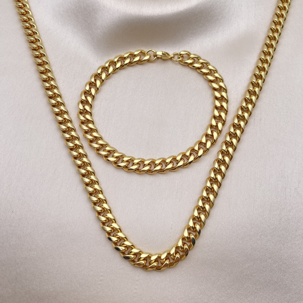 Stainless Steel Necklace and Bracelet, Miami Cuban Design, Polished, Golden Finish