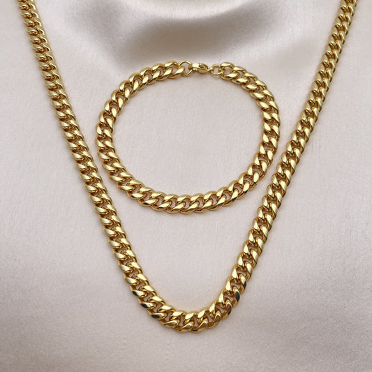 Stainless Steel Necklace and Bracelet, Miami Cuban Design, Polished, Golden Finish
