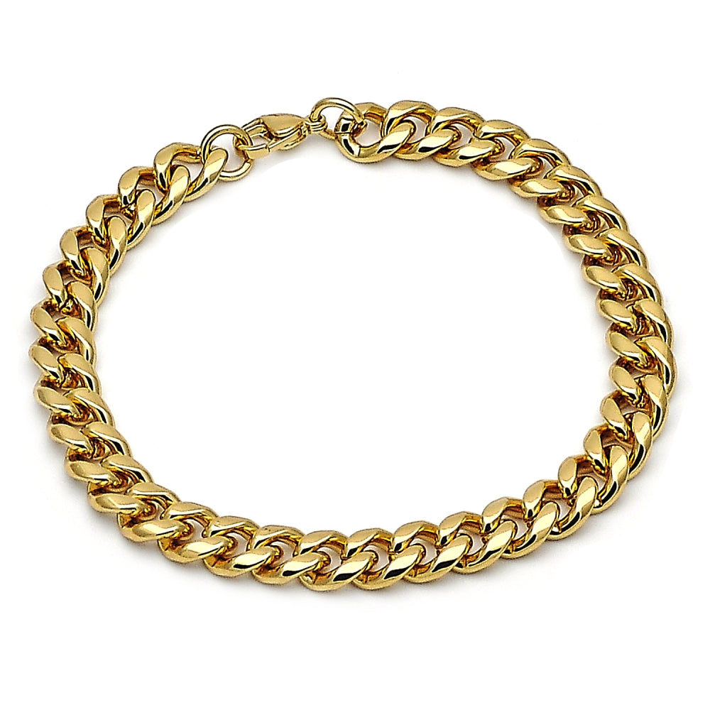 Stainless Steel Basic Bracelet, Miami Cuban Design, Polished, Golden Finish