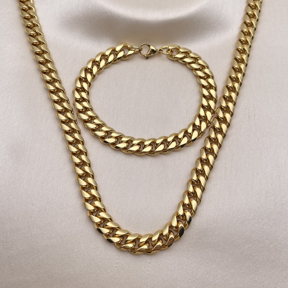 Stainless Steel Necklace and Bracelet, Miami Cuban Design, Polished, Golden Finish