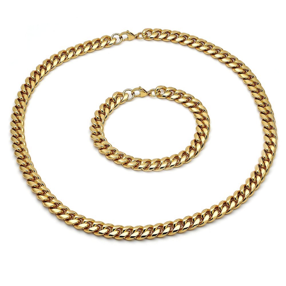Stainless Steel Necklace and Bracelet, Miami Cuban Design, Polished, Golden Finish