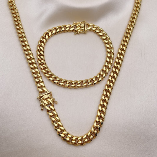 Stainless Steel Necklace and Bracelet, Miami Cuban Design, Polished, Golden Finish