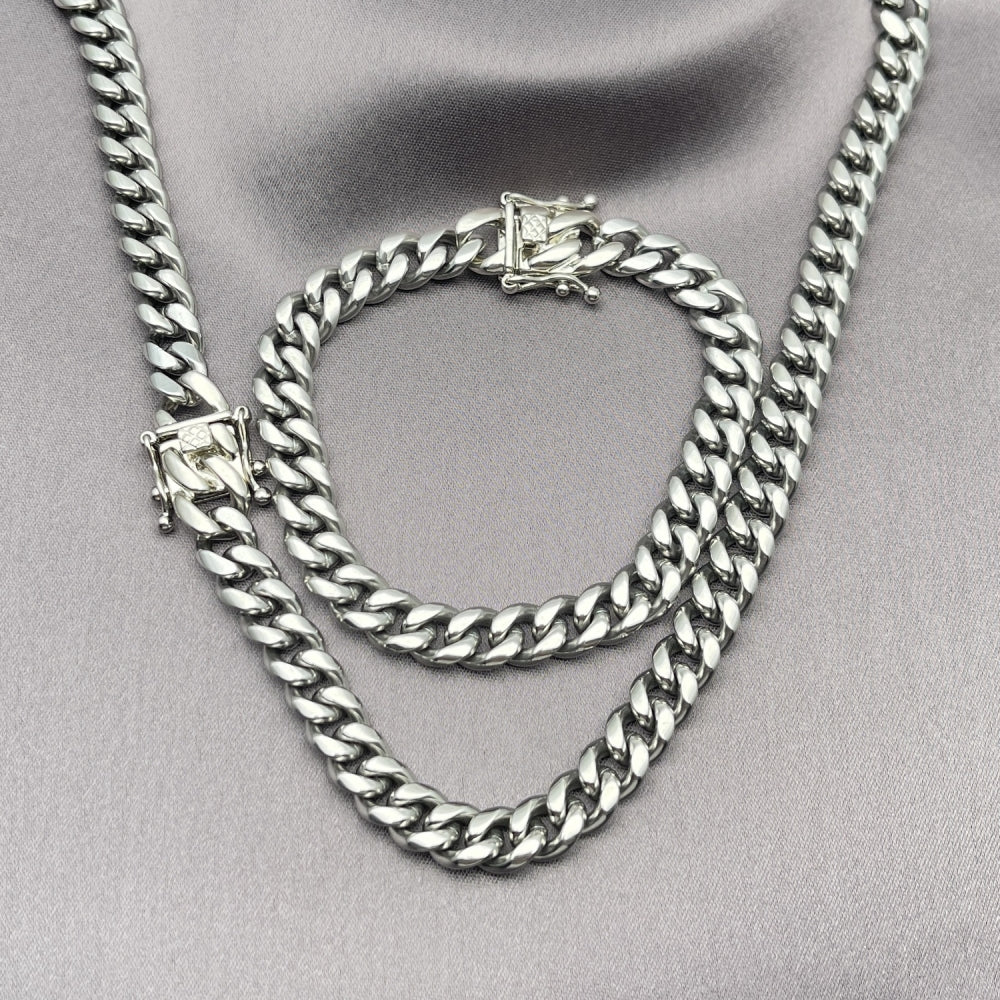 Stainless Steel Necklace and Bracelet, Miami Cuban Design, Polished, Steel Finish