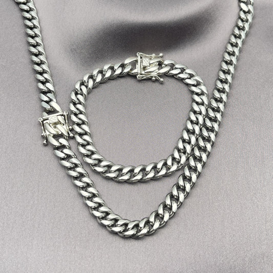 Stainless Steel Necklace and Bracelet, Miami Cuban Design, Polished, Steel Finish