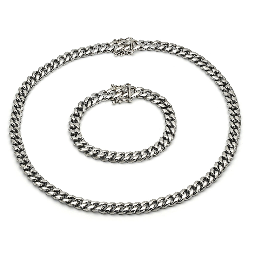 Stainless Steel Necklace and Bracelet, Miami Cuban Design, Polished, Steel Finish