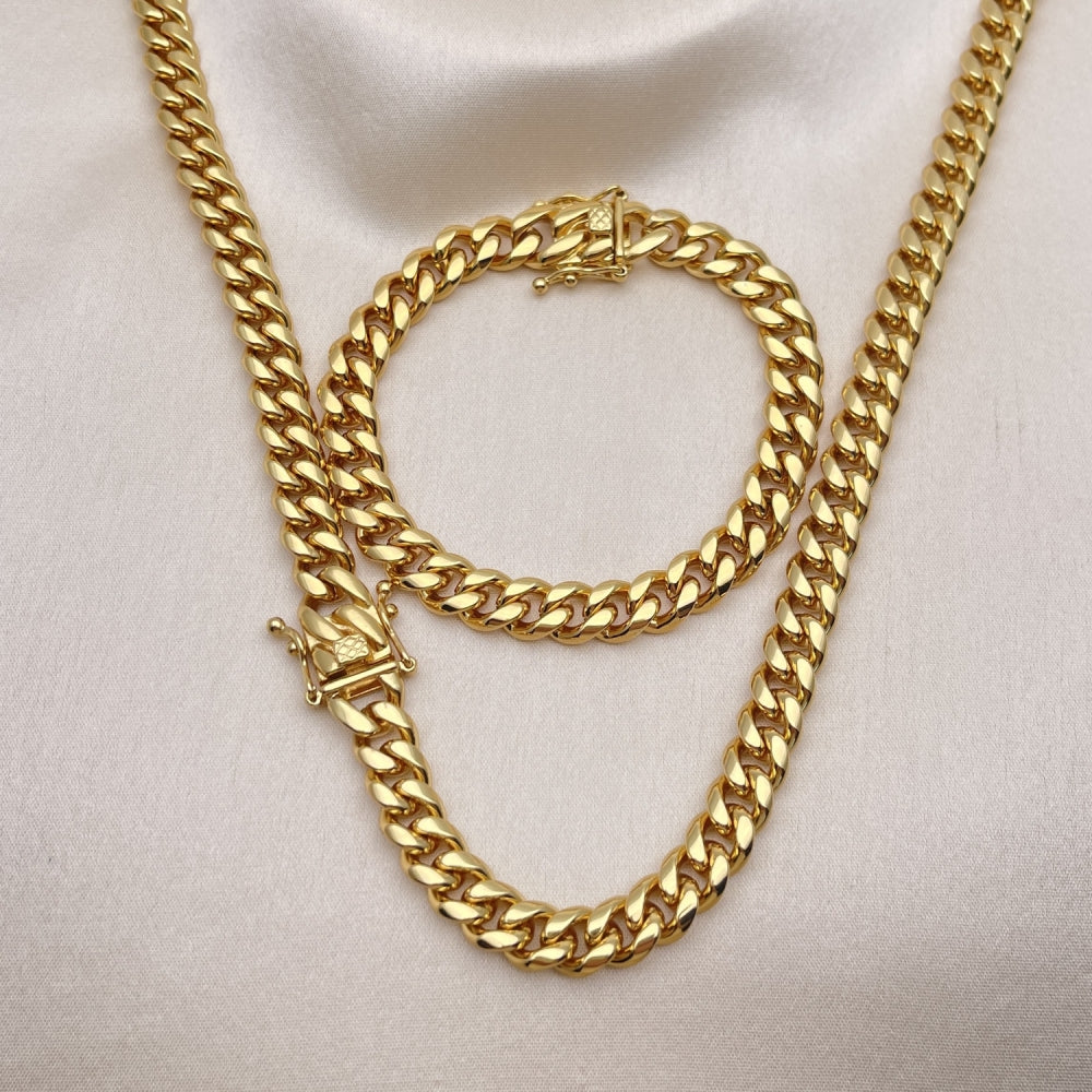 Stainless Steel Necklace and Bracelet, Miami Cuban Design, Polished, Golden Finish