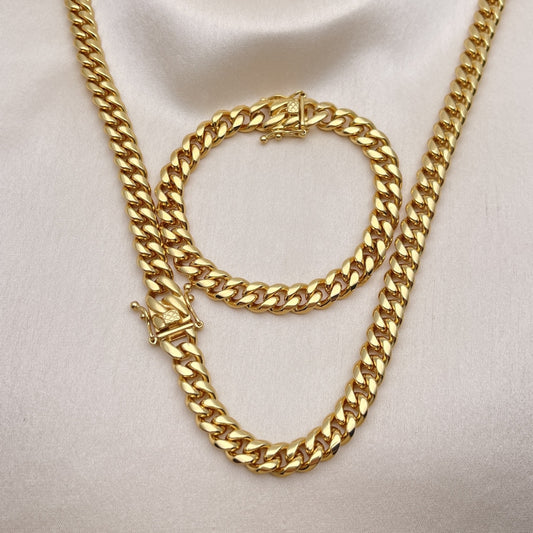 Stainless Steel Necklace and Bracelet, Miami Cuban Design, Polished, Golden Finish
