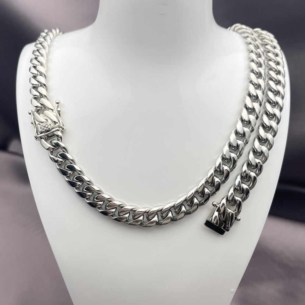 Stainless Steel Necklace and Bracelet, Miami Cuban Design, Polished, Steel Finish