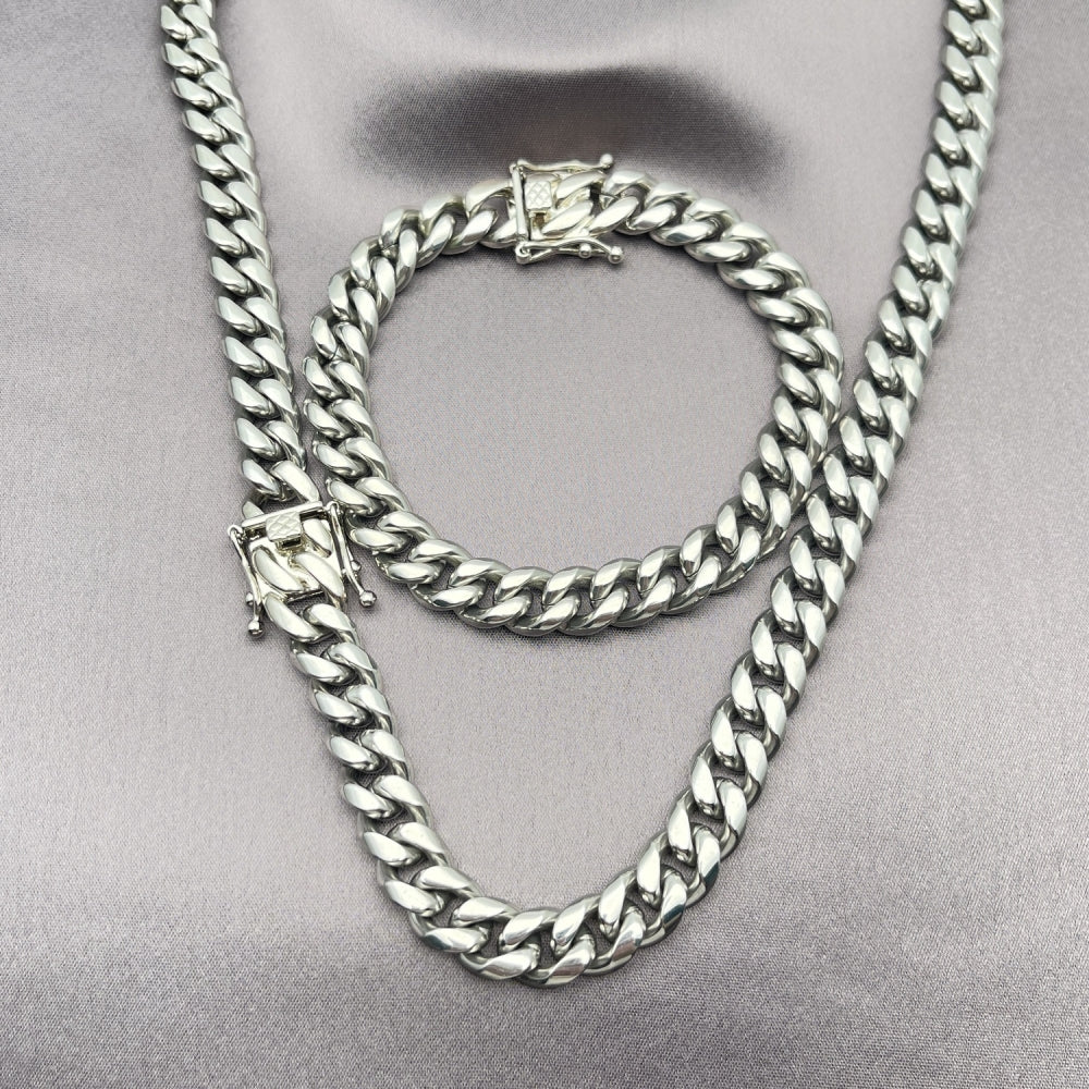 Stainless Steel Necklace and Bracelet, Miami Cuban Design, Polished, Steel Finish