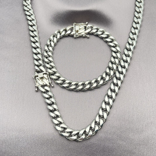 Stainless Steel Necklace and Bracelet, Miami Cuban Design, Polished, Steel Finish