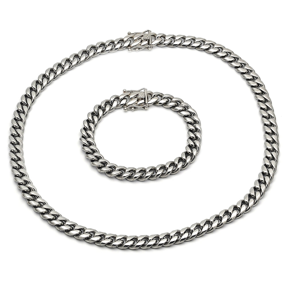 Stainless Steel Necklace and Bracelet, Miami Cuban Design, Polished, Steel Finish