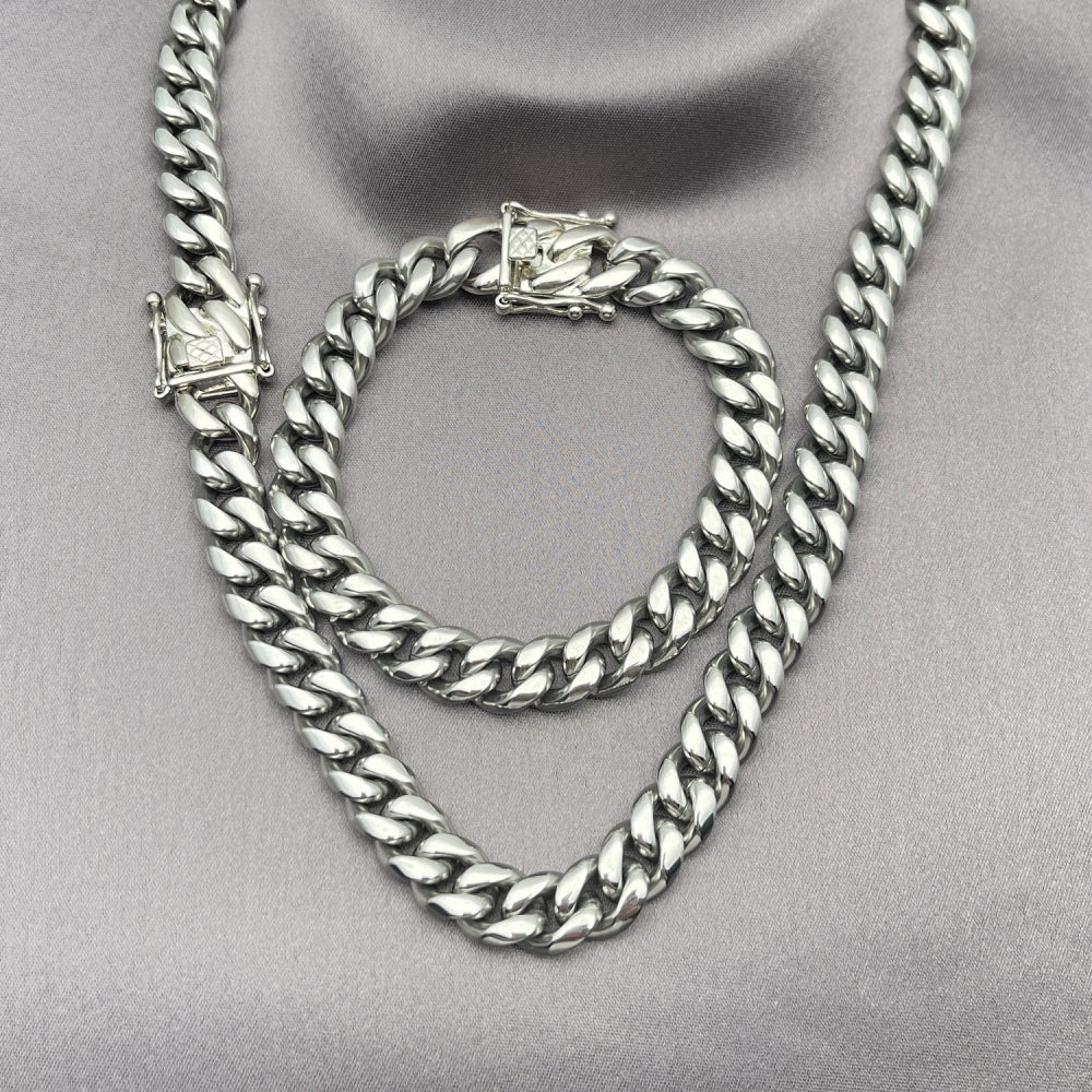 Stainless Steel Necklace and Bracelet, Miami Cuban Design, Polished, Steel Finish