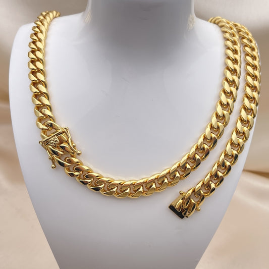 Stainless Steel Necklace and Bracelet, Miami Cuban and Box Lock Design, Polished, Golden Finish