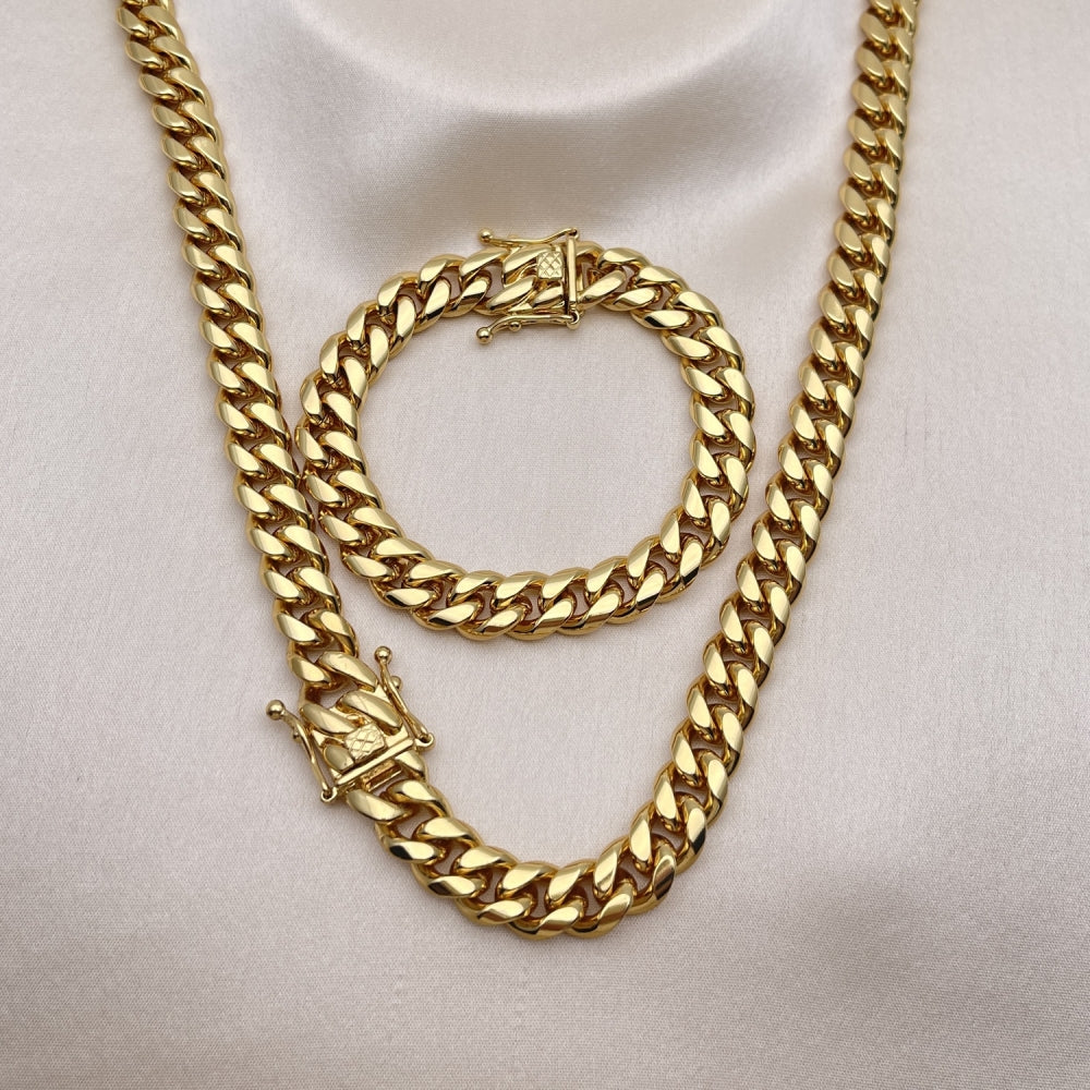 Stainless Steel Necklace and Bracelet, Miami Cuban Design, Polished, Golden Finish