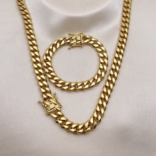 Stainless Steel Necklace and Bracelet, Miami Cuban Design, Polished, Golden Finish