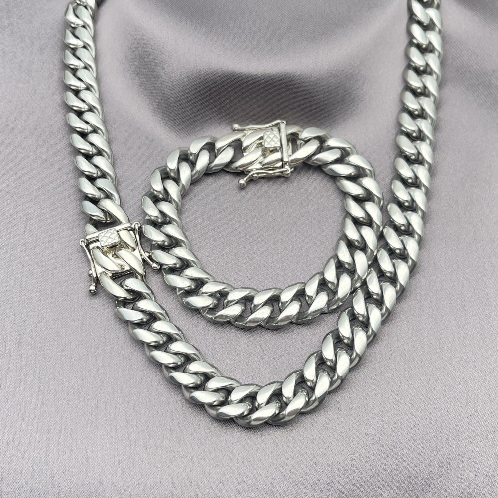 Stainless Steel Necklace and Bracelet, Miami Cuban Design, Polished, Steel Finish