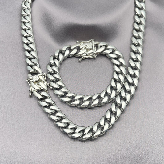 Stainless Steel Necklace and Bracelet, Miami Cuban Design, Polished, Steel Finish