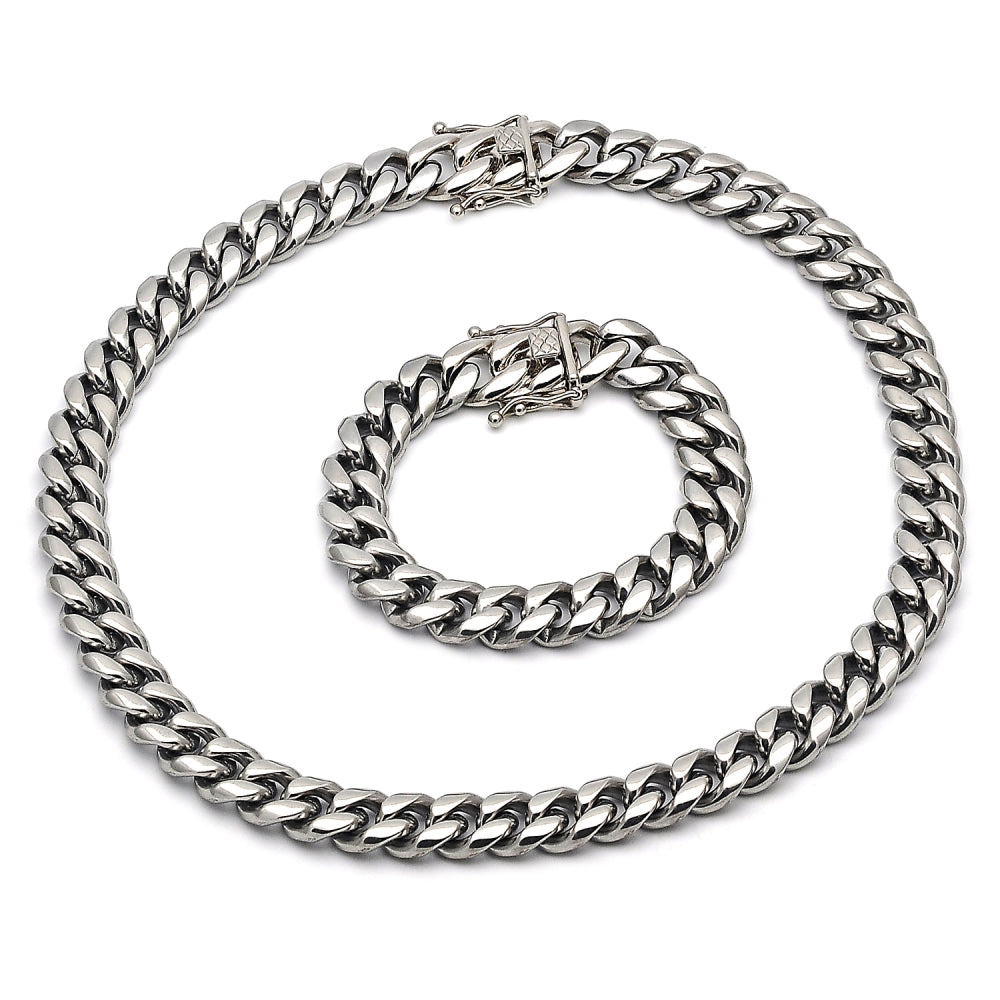 Stainless Steel Necklace and Bracelet, Miami Cuban Design, Polished, Steel Finish