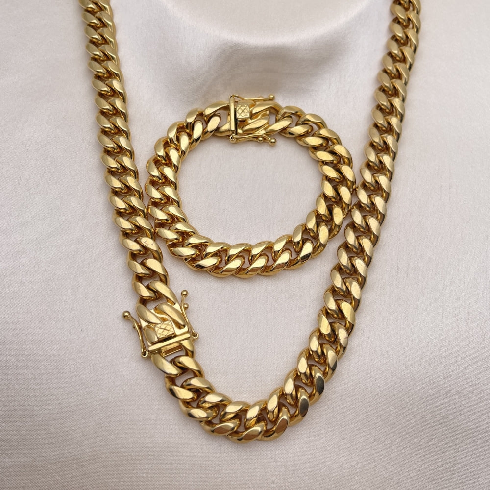 Stainless Steel Necklace and Bracelet, Miami Cuban Design, Polished, Golden Finish