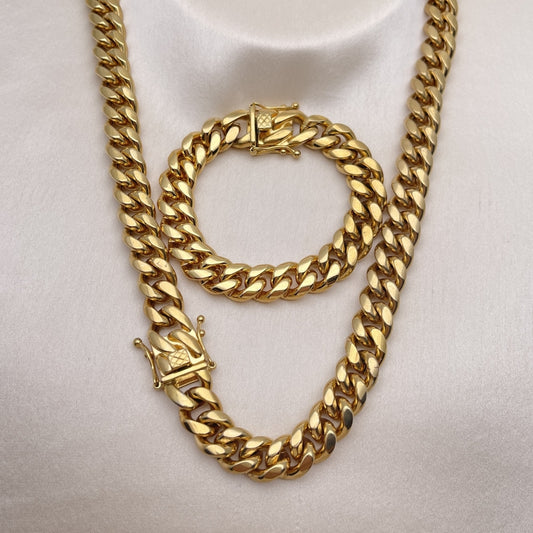 Stainless Steel Necklace and Bracelet, Miami Cuban Design, Polished, Golden Finish