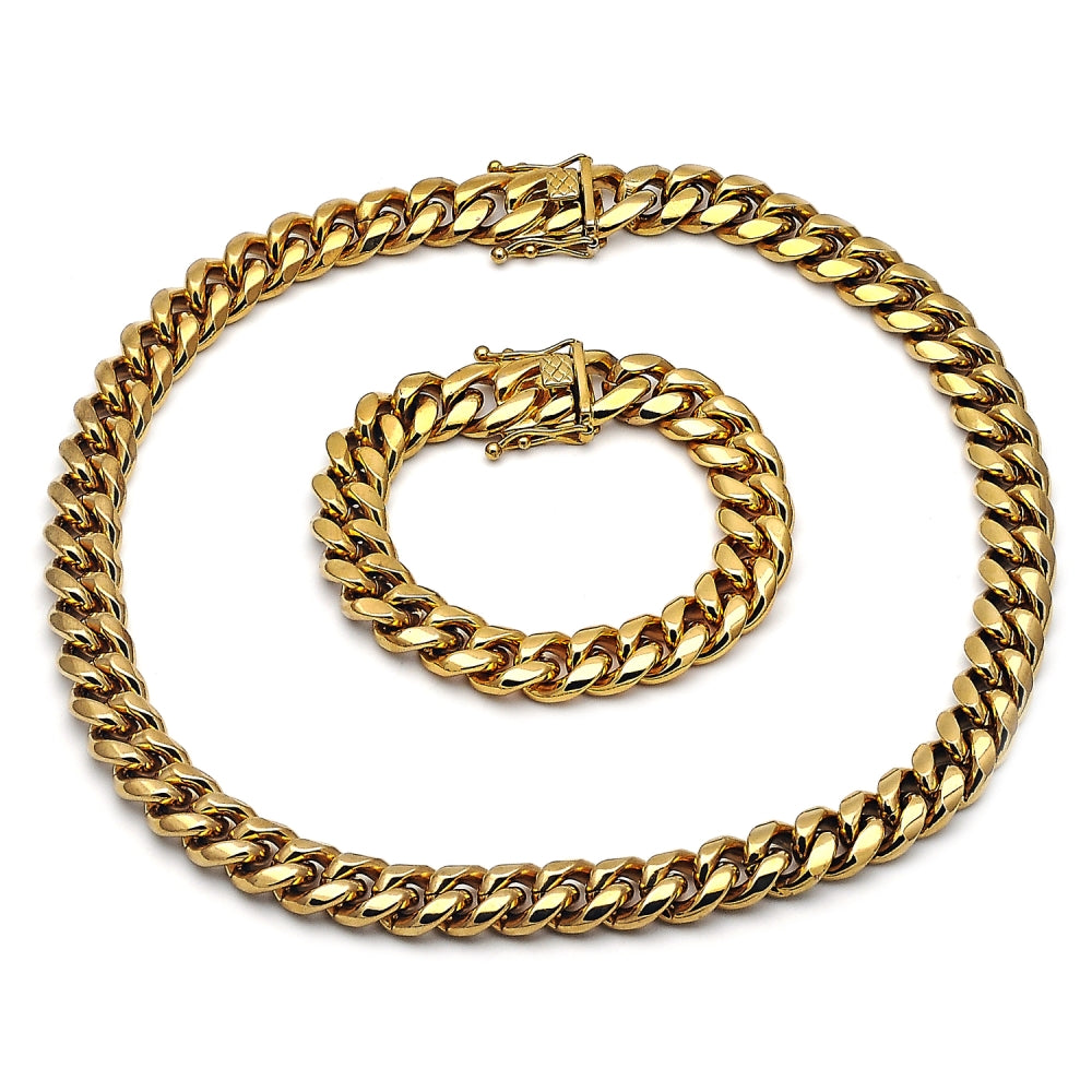 Stainless Steel Necklace and Bracelet, Miami Cuban Design, Polished, Golden Finish