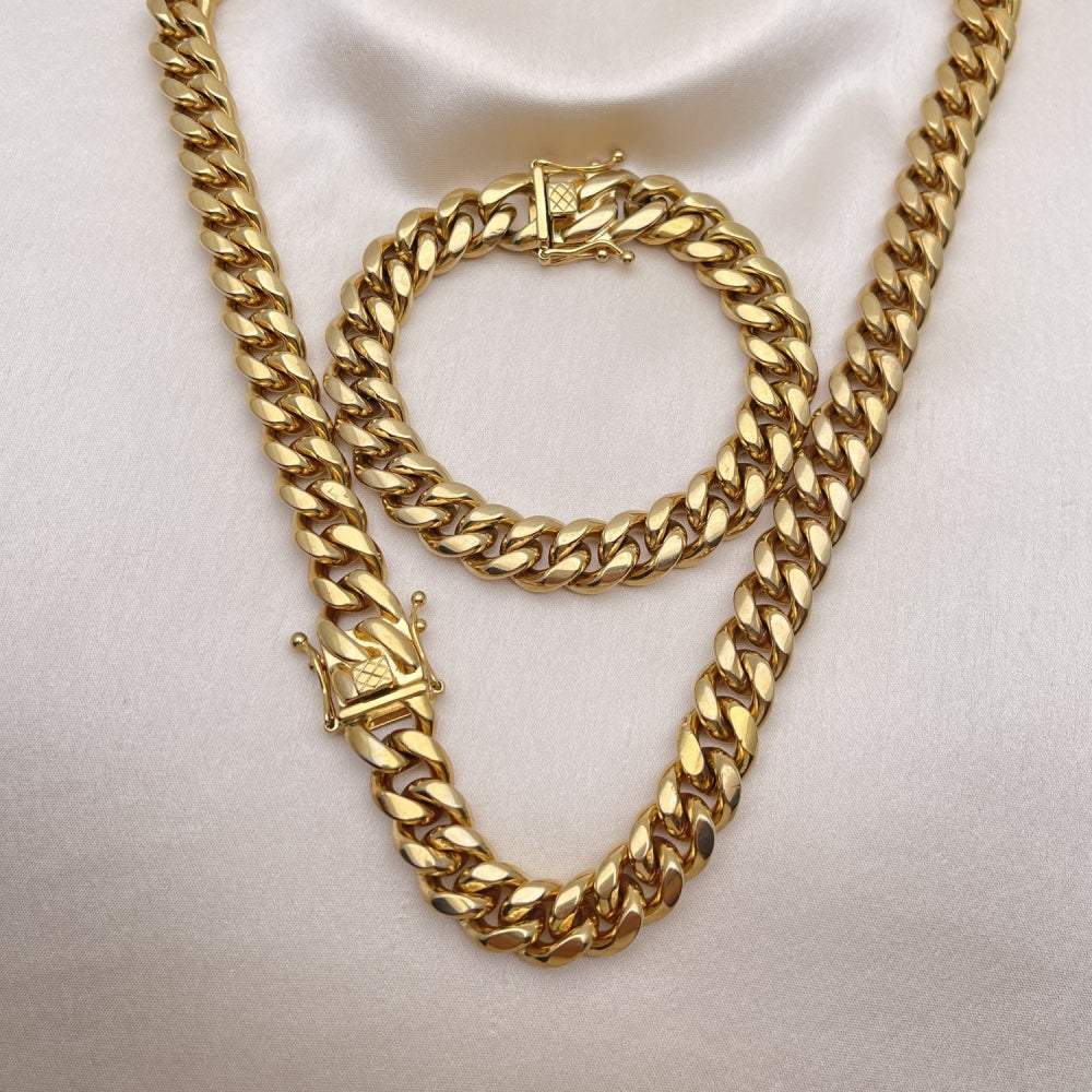 Stainless Steel Necklace and Bracelet, Miami Cuban Design, Polished, Golden Finish