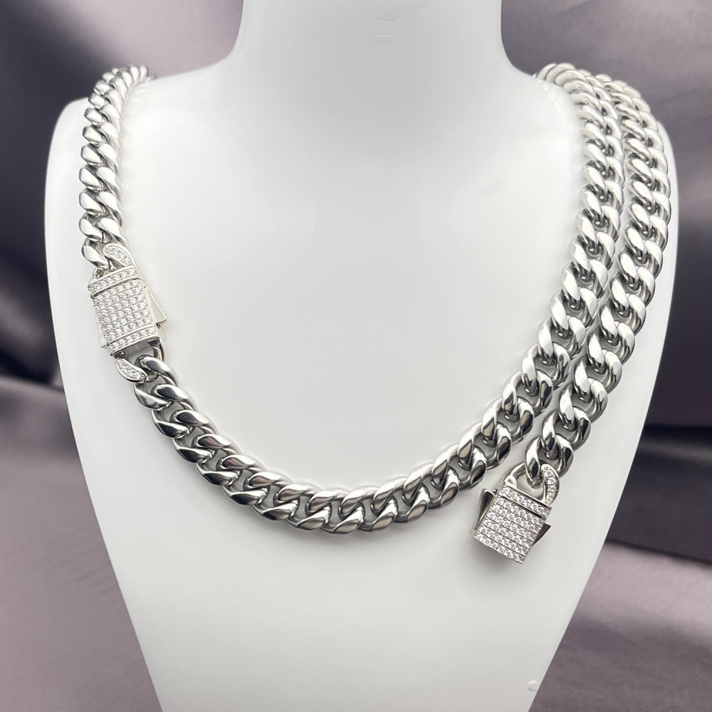 Stainless Steel Necklace and Bracelet, Miami Cuban Design, with White Crystal, Polished, Steel Finish