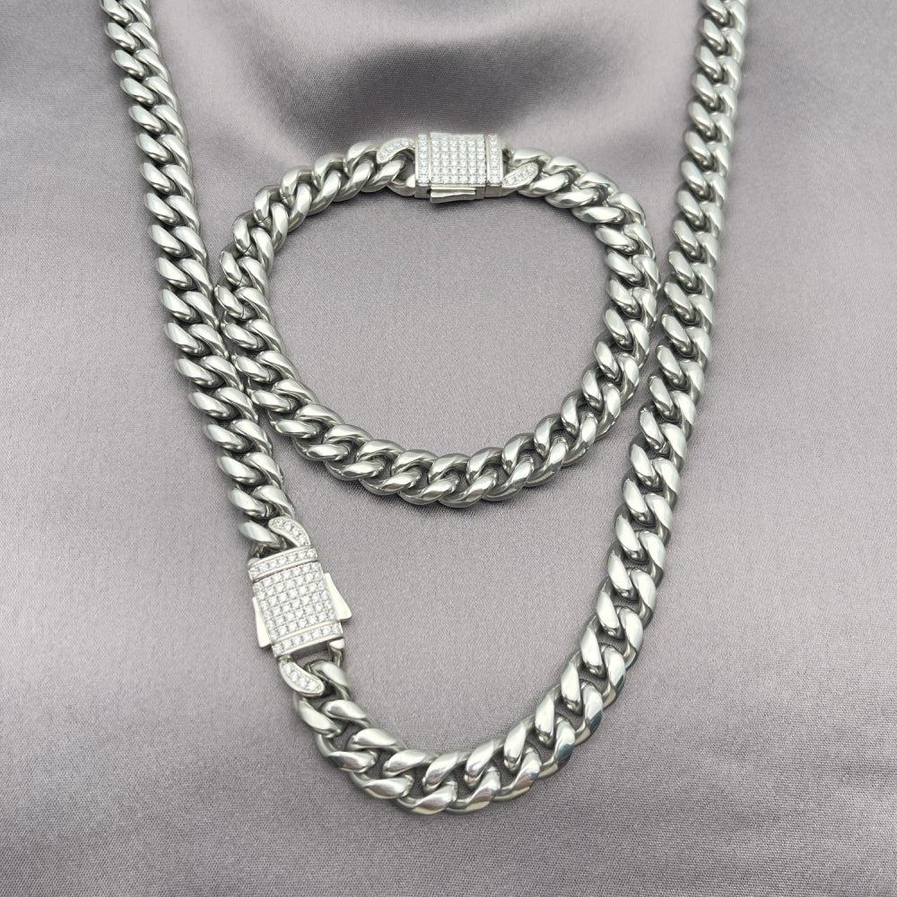 Stainless Steel Necklace and Bracelet, Miami Cuban Design, with White Crystal, Polished, Steel Finish