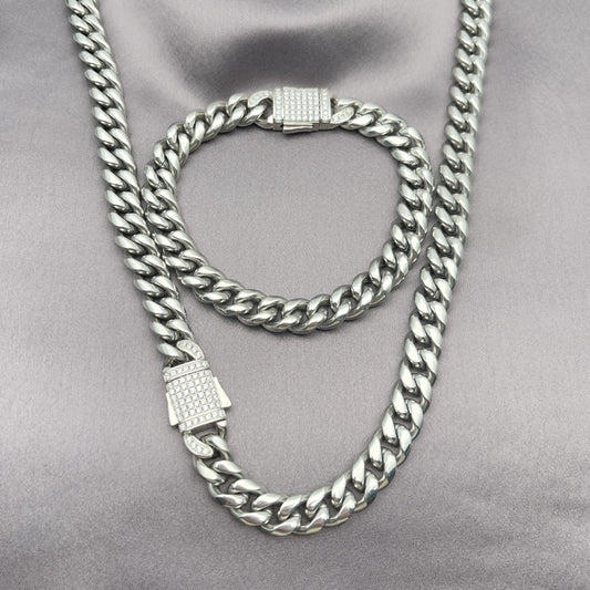 Stainless Steel Necklace and Bracelet, Miami Cuban Design, with White Crystal, Polished, Steel Finish