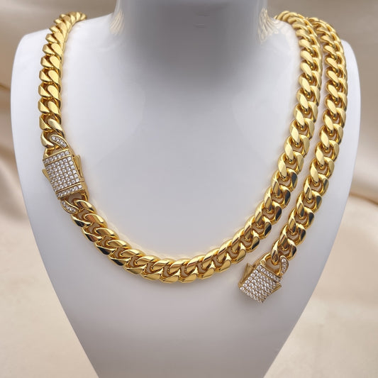 Stainless Steel Necklace and Bracelet, Miami Cuban Design, with White Crystal, Polished, Golden Finish