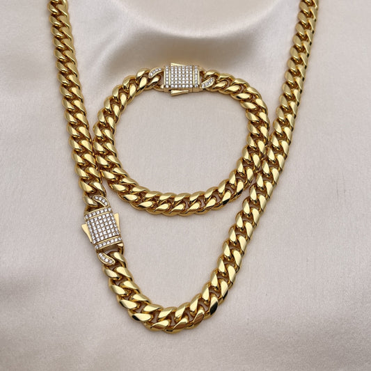 Stainless Steel Necklace and Bracelet, Miami Cuban Design, with White Crystal, Polished, Golden Finish