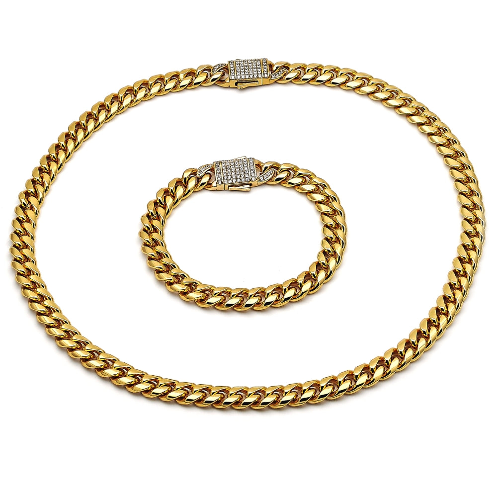 Stainless Steel Necklace and Bracelet, Miami Cuban Design, with White Crystal, Polished, Golden Finish