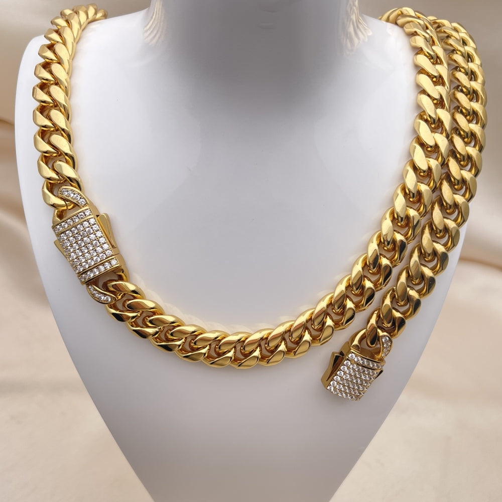 Stainless Steel Necklace and Bracelet, Miami Cuban Design, with White Crystal, Polished, Golden Finish