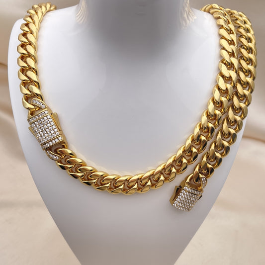 Stainless Steel Necklace and Bracelet, Miami Cuban Design, with White Crystal, Polished, Golden Finish