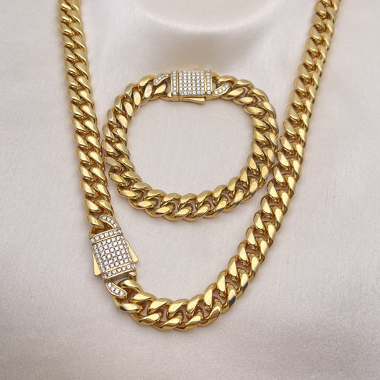 Stainless Steel Necklace and Bracelet, Miami Cuban Design, with White Crystal, Polished, Golden Finish