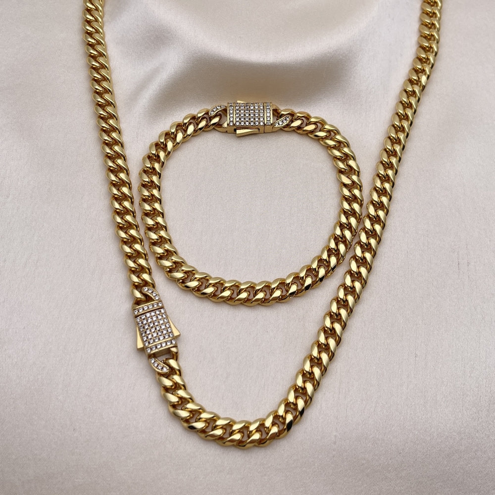 Stainless Steel Necklace and Bracelet, Miami Cuban Design, with White Crystal, Polished, Golden Finish