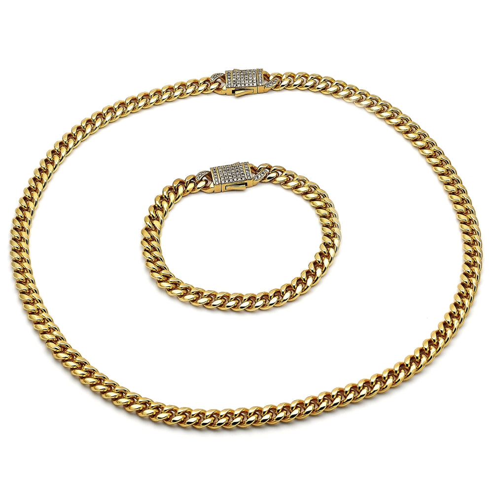 Stainless Steel Necklace and Bracelet, Miami Cuban Design, with White Crystal, Polished, Golden Finish