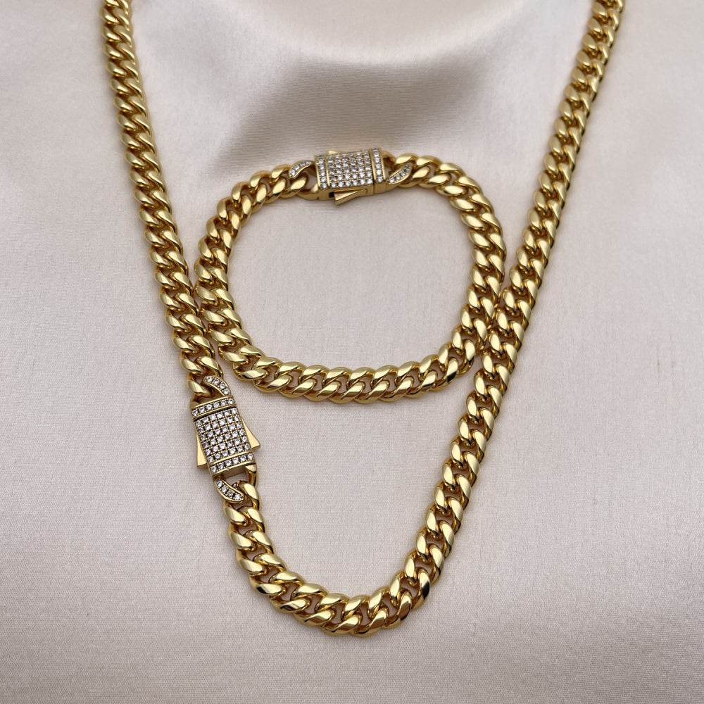 Stainless Steel Necklace and Bracelet, Miami Cuban Design, with White Crystal, Polished, Golden Finish