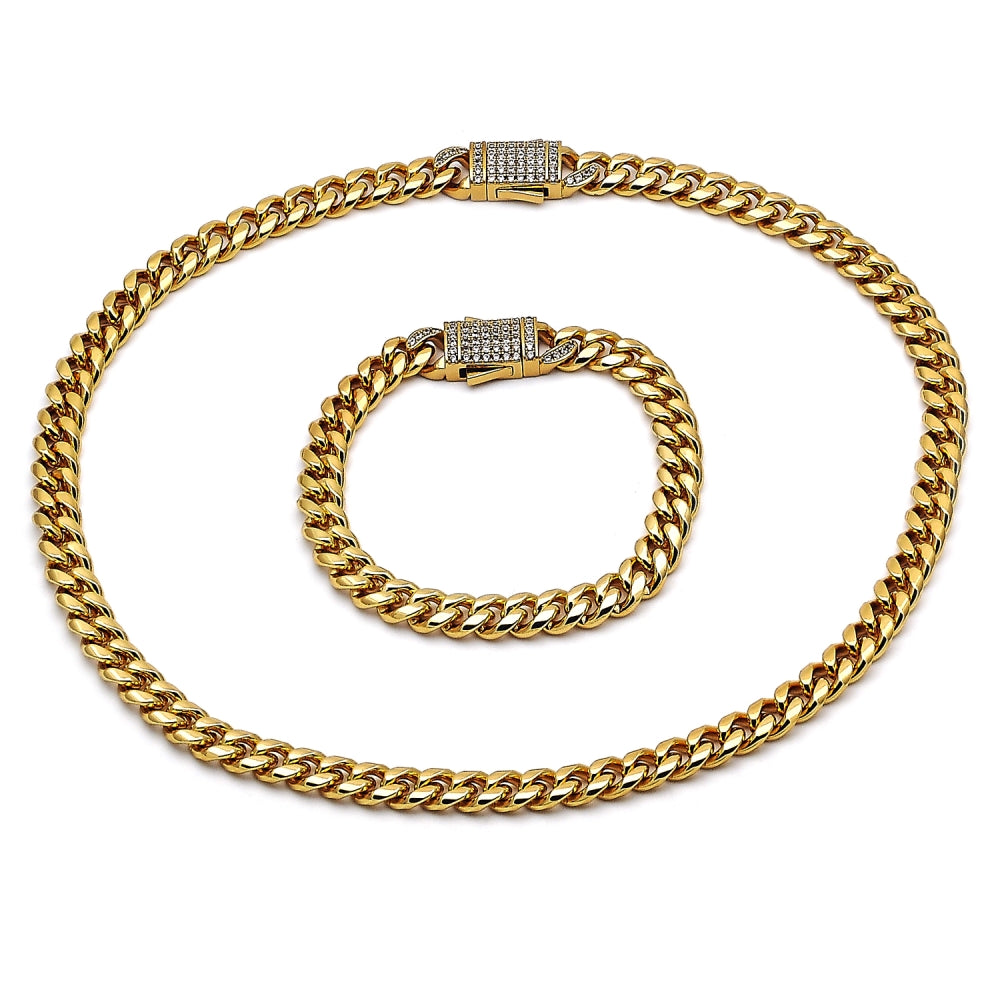 Stainless Steel Necklace and Bracelet, Miami Cuban Design, with White Crystal, Polished, Golden Finish