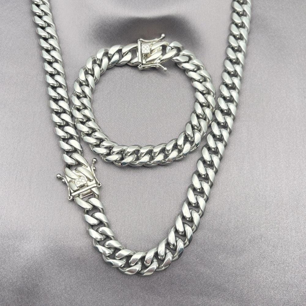 Stainless Steel Necklace and Bracelet, Miami Cuban Design, Polished, Steel Finish