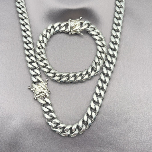 Stainless Steel Necklace and Bracelet, Miami Cuban Design, Polished, Steel Finish