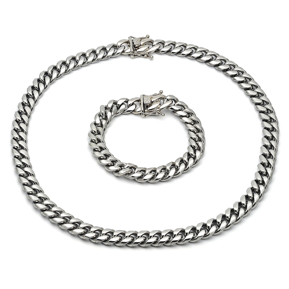 Stainless Steel Necklace and Bracelet, Miami Cuban Design, Polished, Steel Finish
