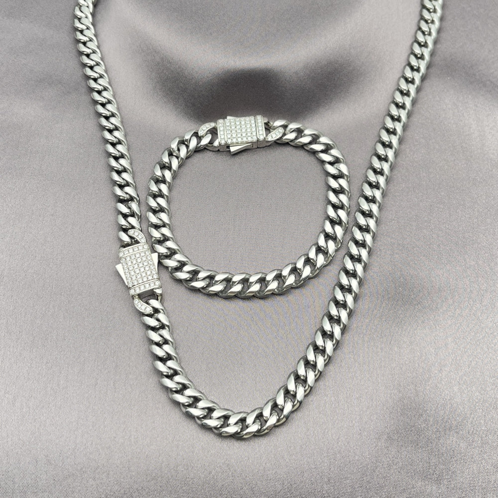 Stainless Steel Necklace and Bracelet, Miami Cuban Design, with White Crystal, Polished, Steel Finish