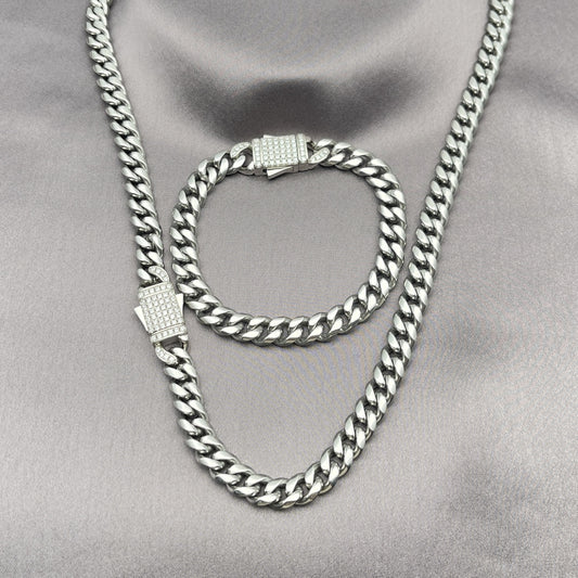 Stainless Steel Necklace and Bracelet, Miami Cuban Design, with White Crystal, Polished, Steel Finish