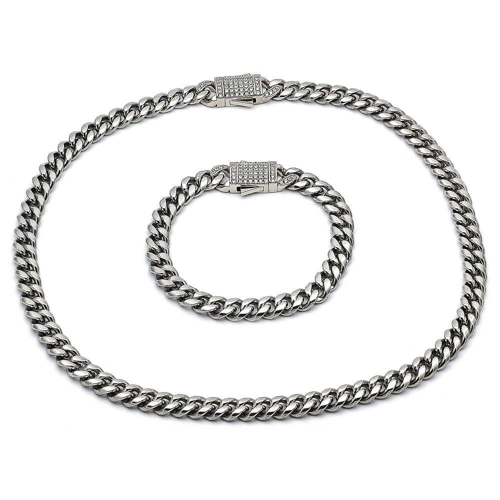 Stainless Steel Necklace and Bracelet, Miami Cuban Design, with White Crystal, Polished, Steel Finish