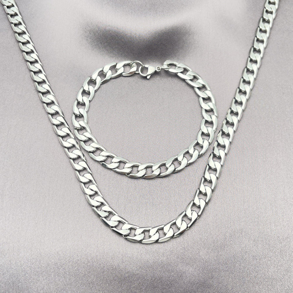 Stainless Steel Necklace and Bracelet, Curb Design, Polished, Steel Finish