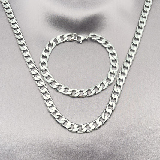 Stainless Steel Necklace and Bracelet, Curb Design, Polished, Steel Finish
