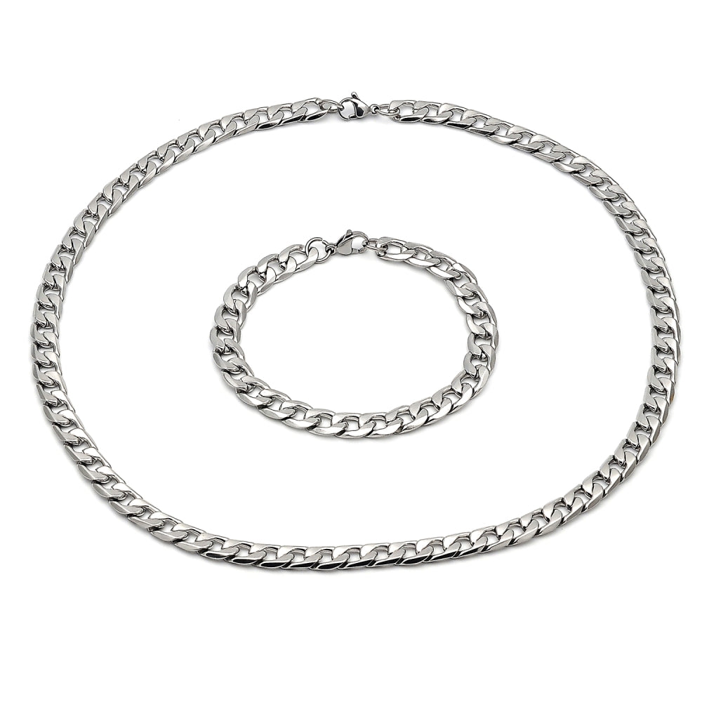 Stainless Steel Necklace and Bracelet, Curb Design, Polished, Steel Finish