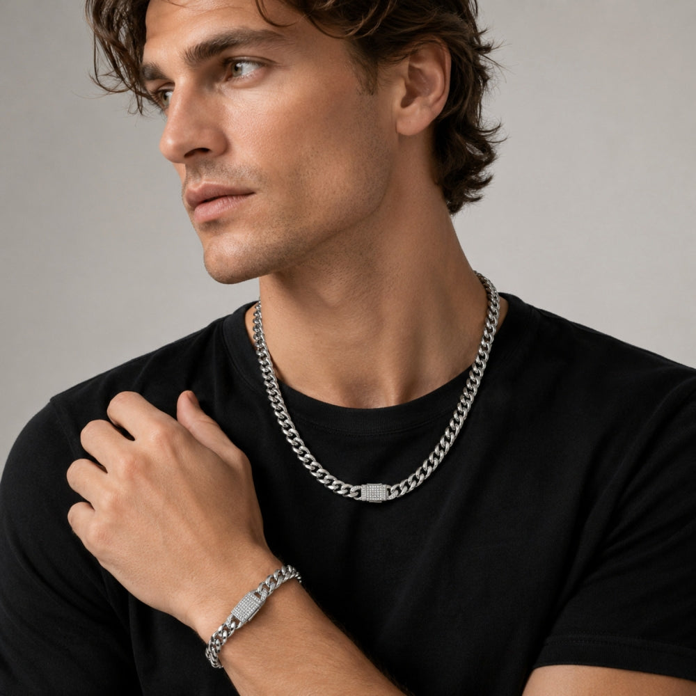 Stainless Steel Necklace and Bracelet, Miami Cuban Design, with White Crystal, Polished, Steel Finish